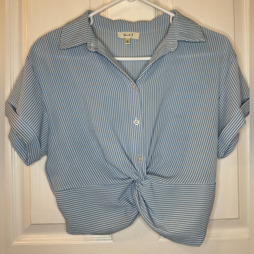 Love J- blue and white striped top, size small.